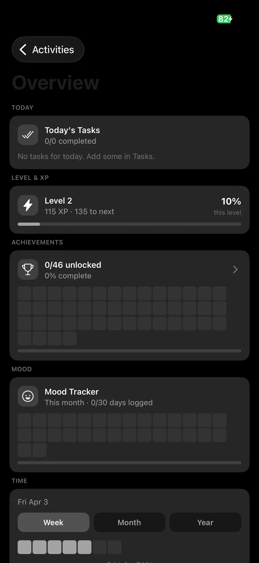 Dev Partner: Not just "Level 2": 115 XP, 135 to the next level, and a bar showing exactly how far.