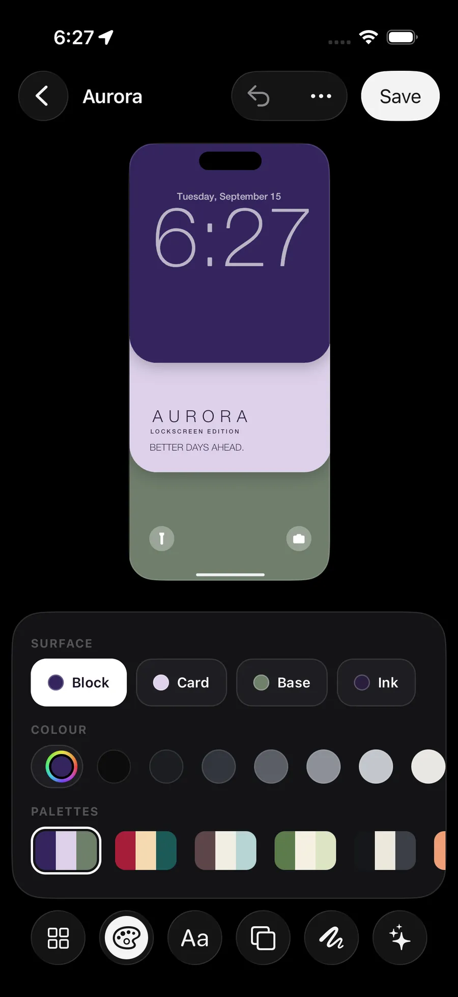 Lock Card: The editor is greys. The wallpaper you're making is the only colour on screen.