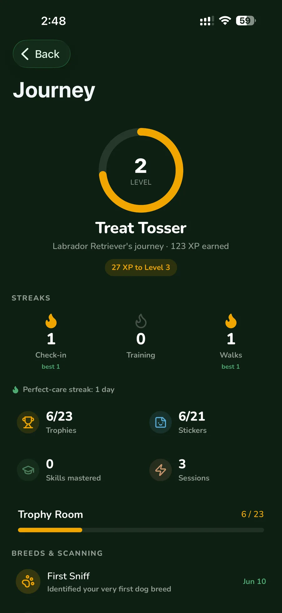 PawNature: 27 XP to Level 3, and 6 of 23 trophies. The next one is always in sight.