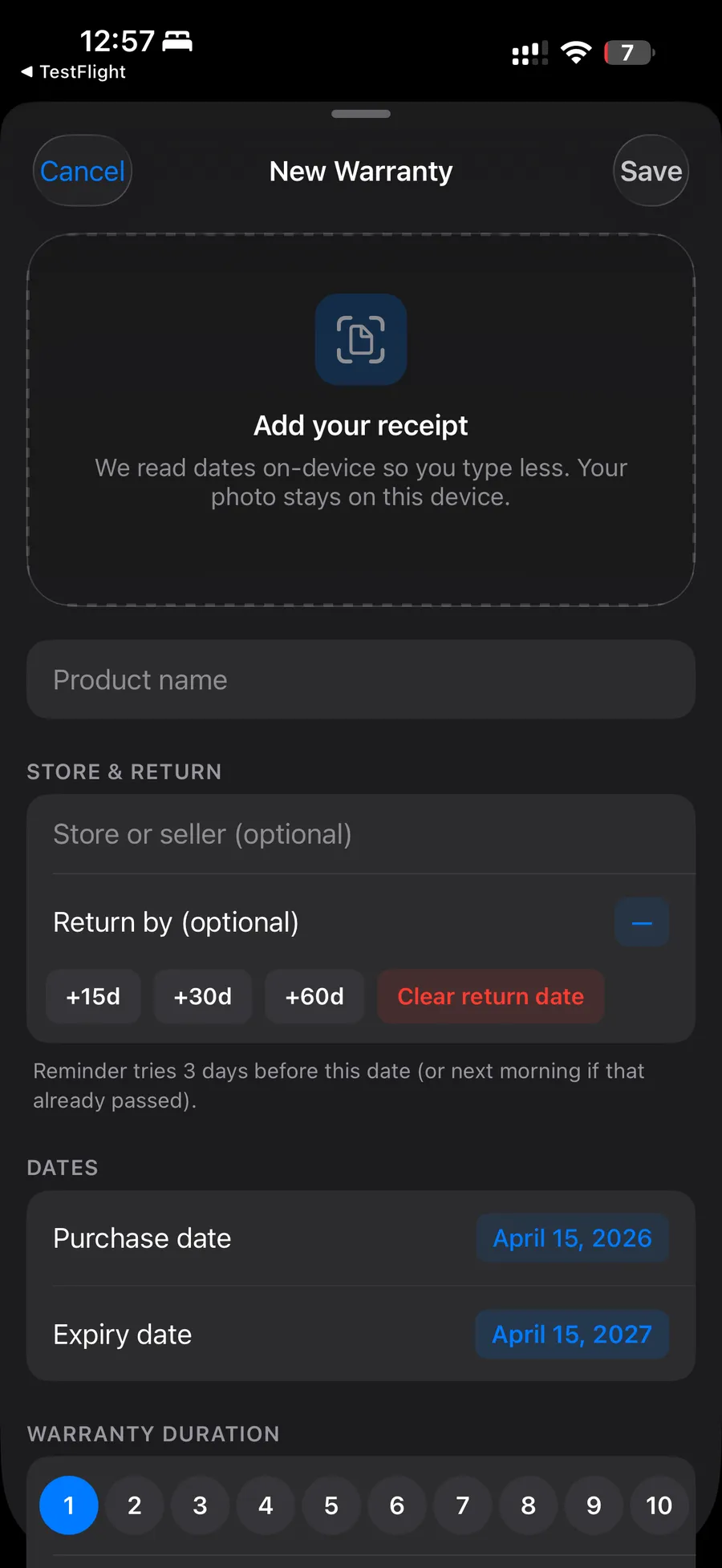 Receipt Snap: First use says what happens next and answers the worry before it's asked: the photo stays on this device.
