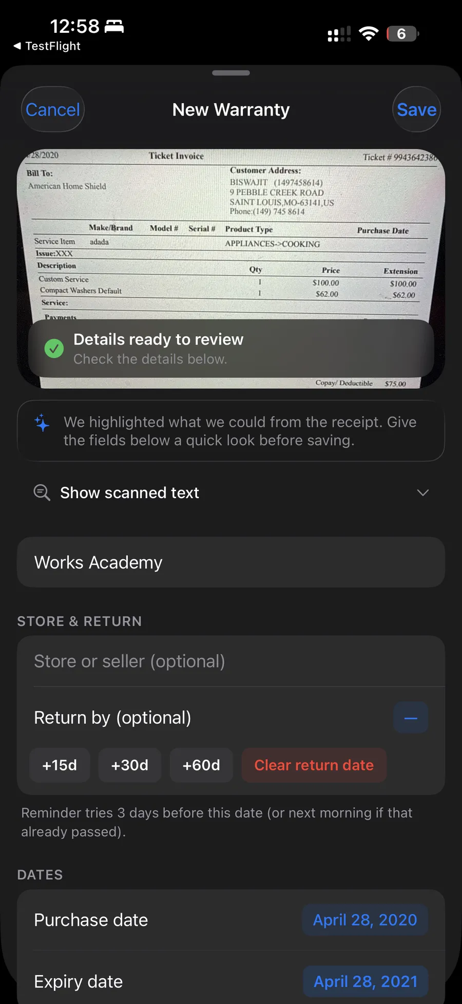 Receipt Snap: The receipt is read on the phone. What it found is highlighted for a quick look, so nobody types a date.