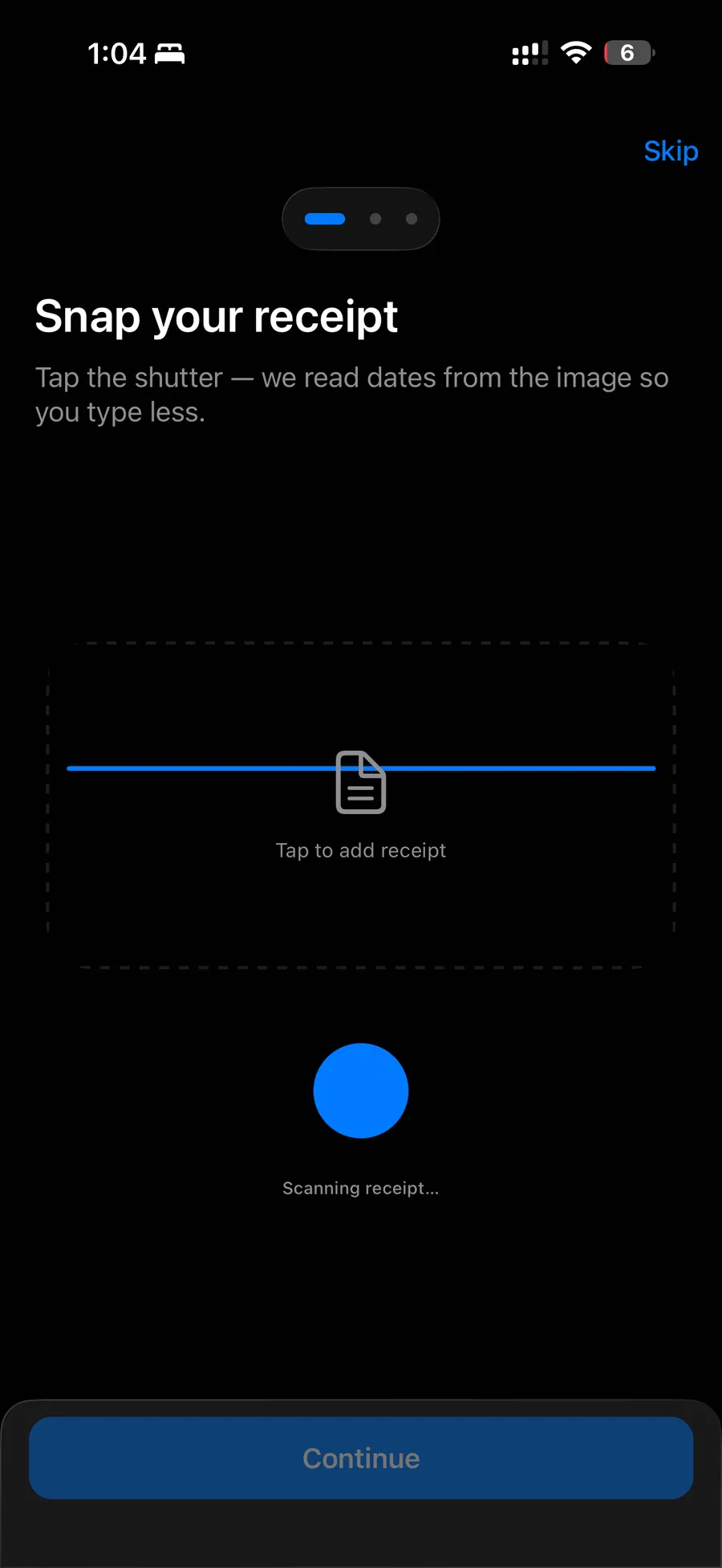 Receipt Snap: Scanning says what it's doing, then hands over: "We filled details from your receipt when we could. Review them before saving."