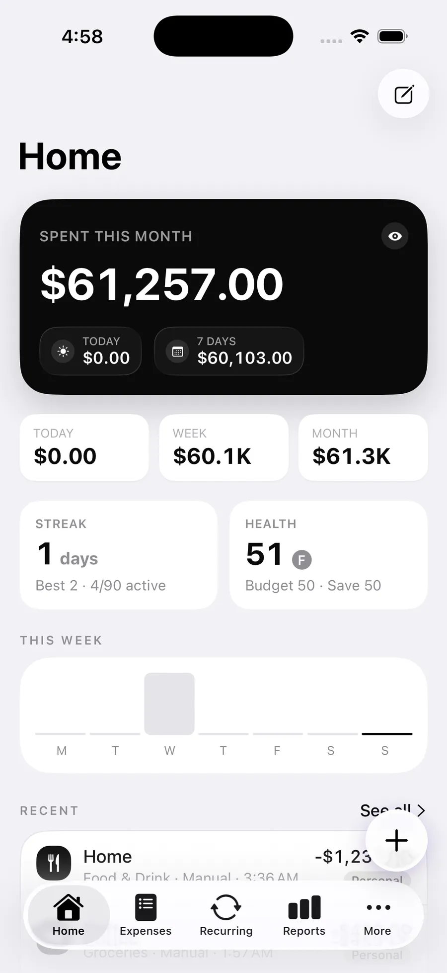 Spendly: Everything is white cards, except one black card: what you spent this month.