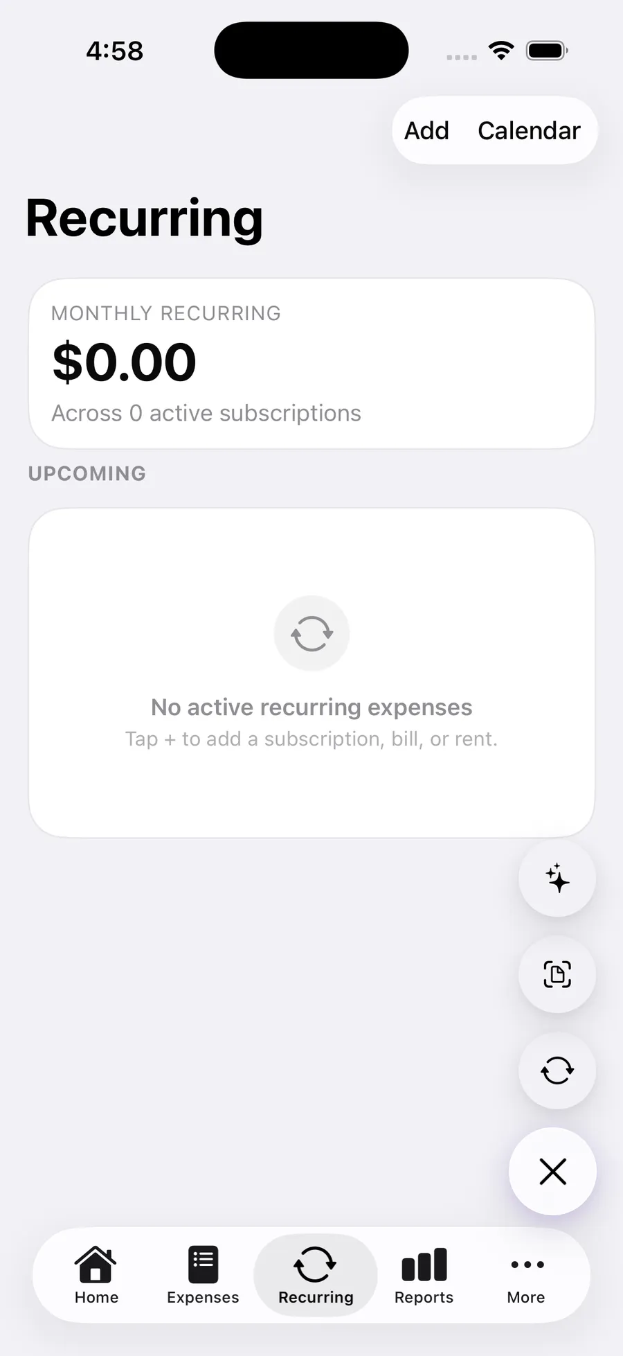 Spendly: No recurring expenses yet, and exactly what belongs here: a subscription, a bill or rent.